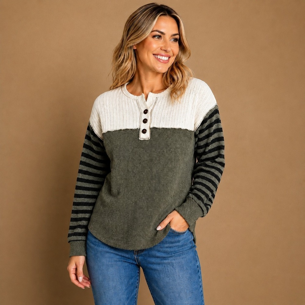7th Ray Women's Medium Henley Top Olive Green Earthy Grunge Y2K Boho Cottagecore